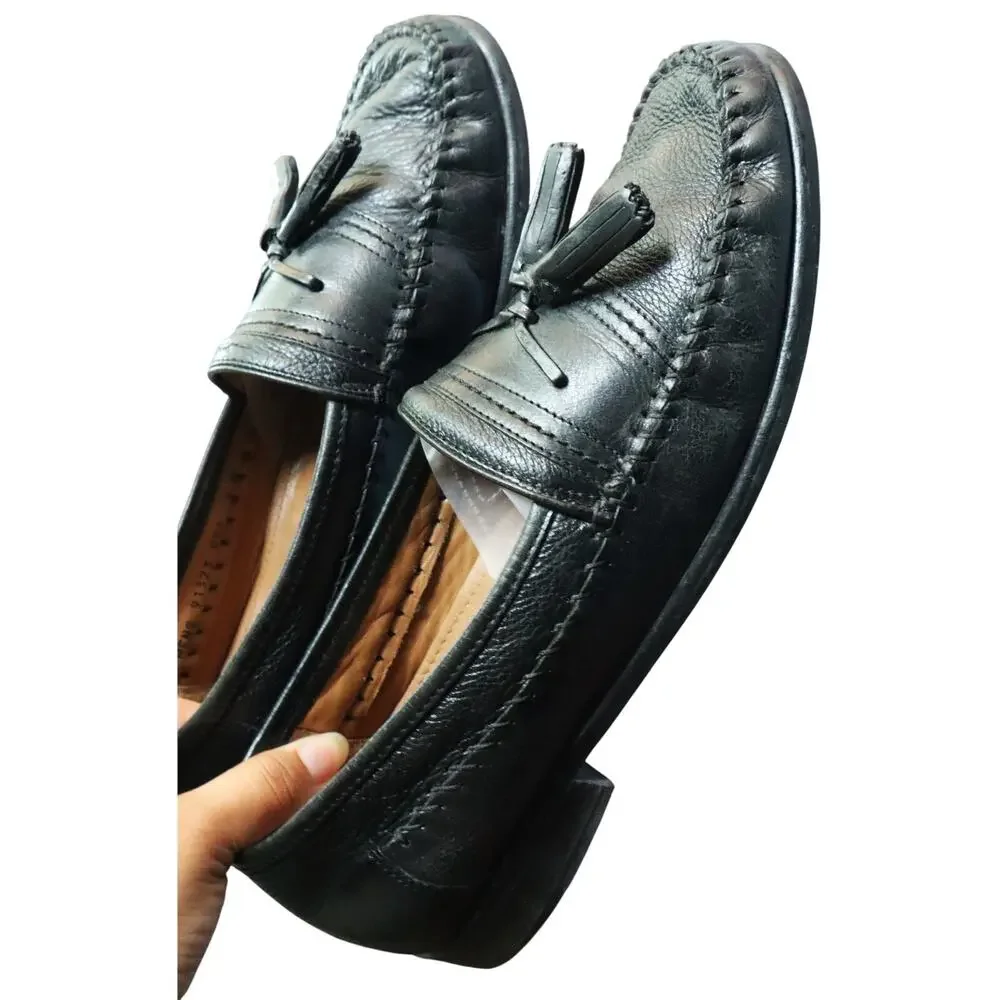 Vintage 90s Brass Boot Walking Gloves Black Leather Loafers Tassel Mens 9 M